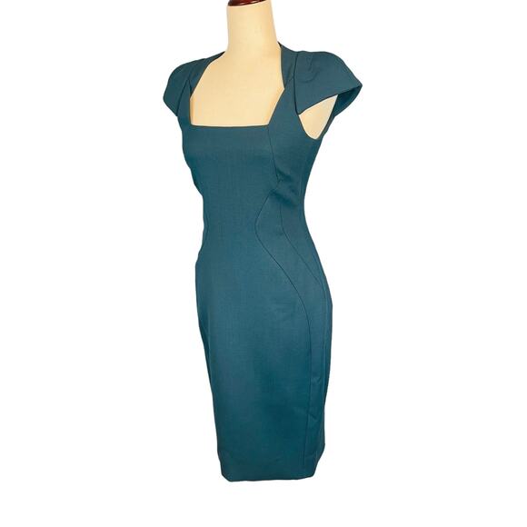 Antonio Berardi Teal Blue Green Square Neck Tailored Sheath Dress Size 4 - Picture 6 of 12